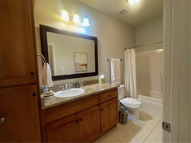 bathroom with visible vents, toilet, shower / tub combo with curtain, tile patterned flooring, and vanity