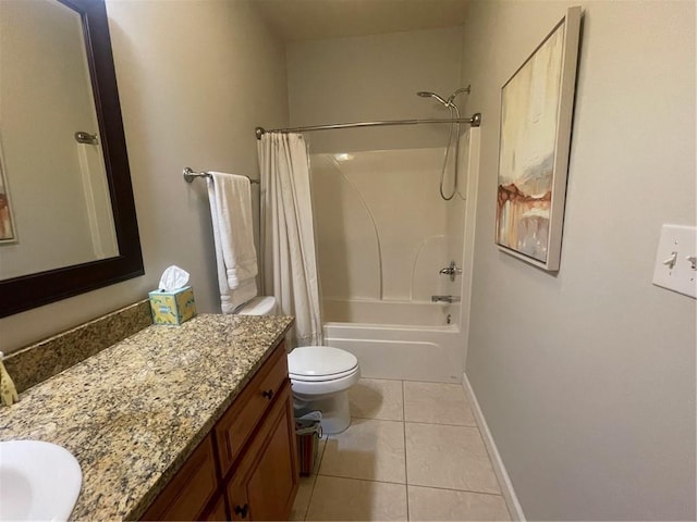 bathroom with shower / bath combo, baseboards, toilet, tile patterned flooring, and vanity