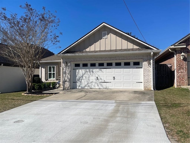 ranch-style home with an attached garage, driveway, fence, and board and batten siding