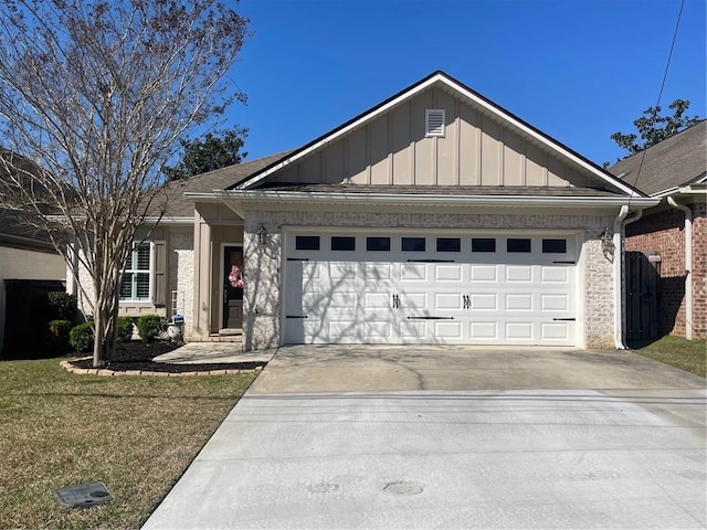 ranch-style house with board and batten siding, a front lawn, driveway, and an attached garage