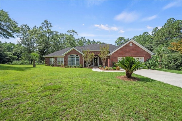 single story home featuring a garage and a front lawn