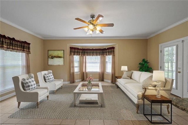 living room with crown molding, light tile patterned flooring, and ceiling fan