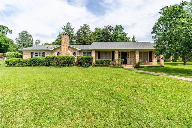 601 Willow Brook Run E, Mobile, AL 36608 - ranch-style house with a front lawn, a chimney, a porch, and brick siding