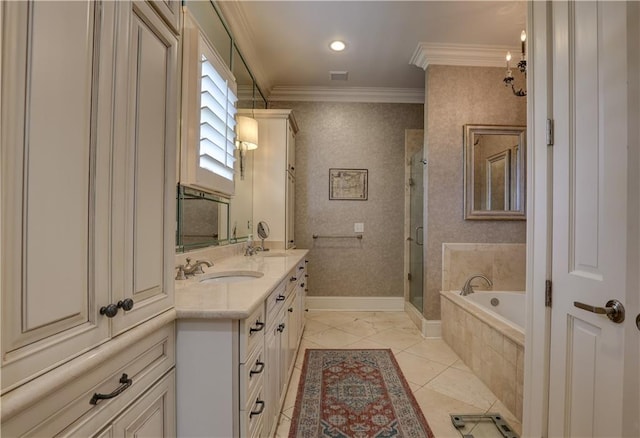 bathroom featuring crown molding, tile patterned floors, vanity, and independent shower and bath