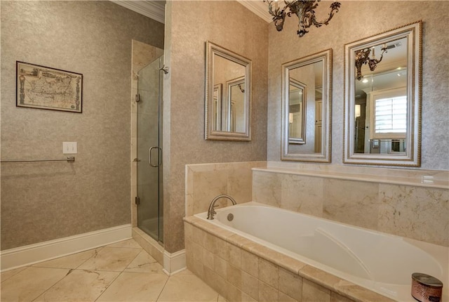 bathroom with shower with separate bathtub and crown molding