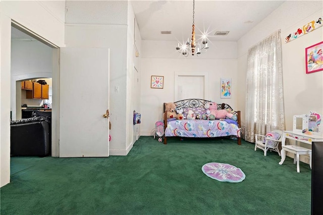 carpeted bedroom with a notable chandelier