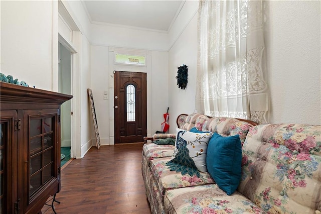 foyer with crown molding and dark wood-type flooring