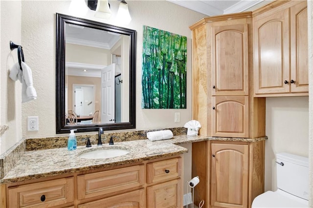 bathroom featuring vanity, toilet, and crown molding