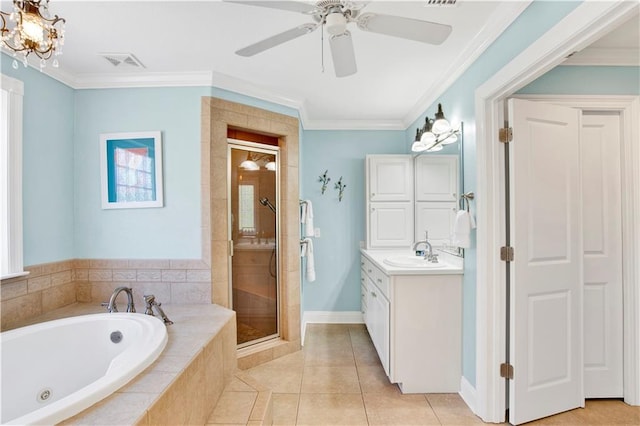 bathroom with tile patterned floors, ceiling fan with notable chandelier, vanity, separate shower and tub, and crown molding