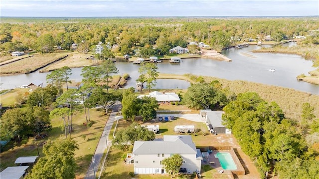 drone / aerial view with a water view