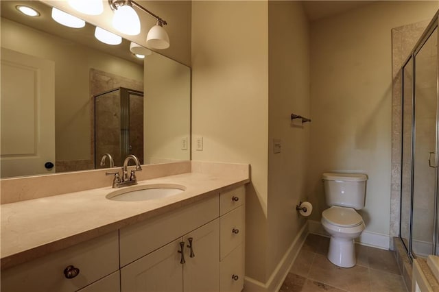 bathroom featuring tile patterned floors, toilet, an enclosed shower, and vanity