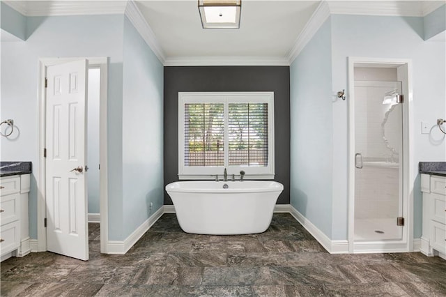 5555 Briarfield Ln, Mobile, AL 36693 - full bath featuring vanity, a stall shower, crown molding, and a freestanding bath