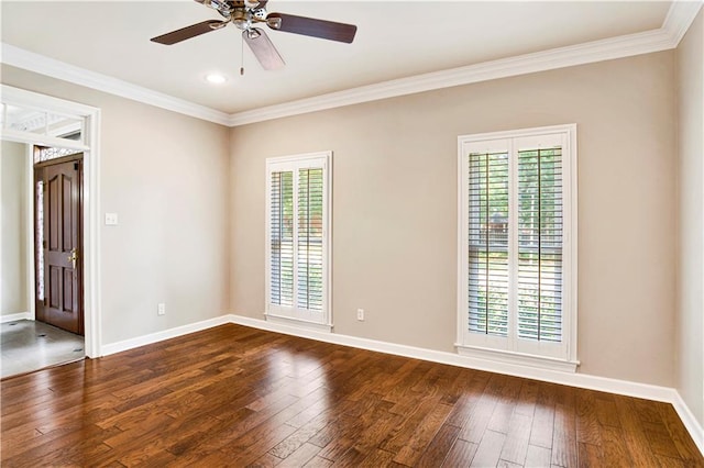 5555 Briarfield Ln, Mobile, AL 36693 - spare room with healthy amount of natural light, dark wood-style flooring, ornamental molding, ceiling fan, and recessed lighting