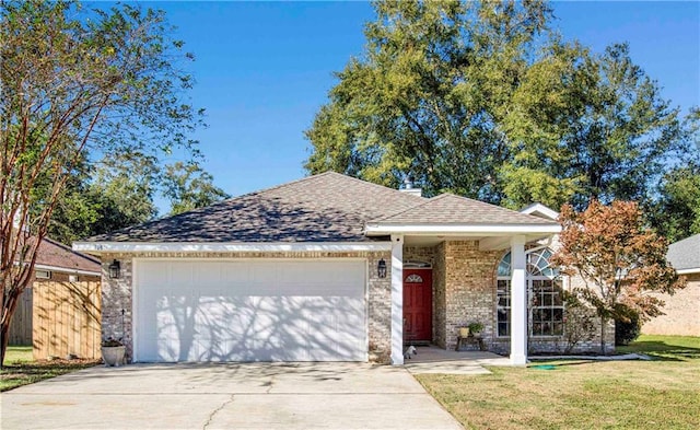 view of front of house with a garage and a front lawn