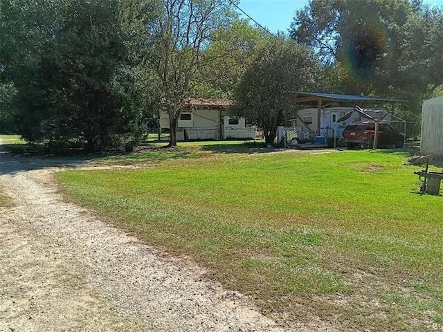 view of yard with a carport and dirt driveway