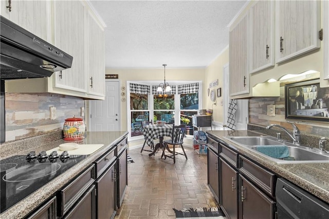 kitchen with dishwashing machine, brick floor, black electric stovetop, under cabinet range hood, and a sink