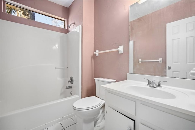 full bathroom with tile patterned flooring, vanity, bathtub / shower combination, and toilet