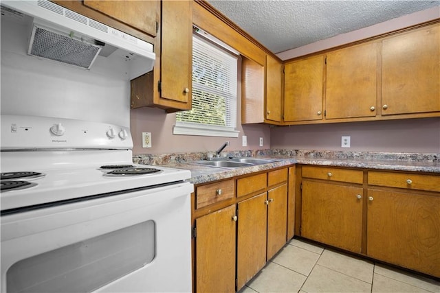 kitchen featuring a textured ceiling, sink, electric range, range hood, and light tile patterned flooring