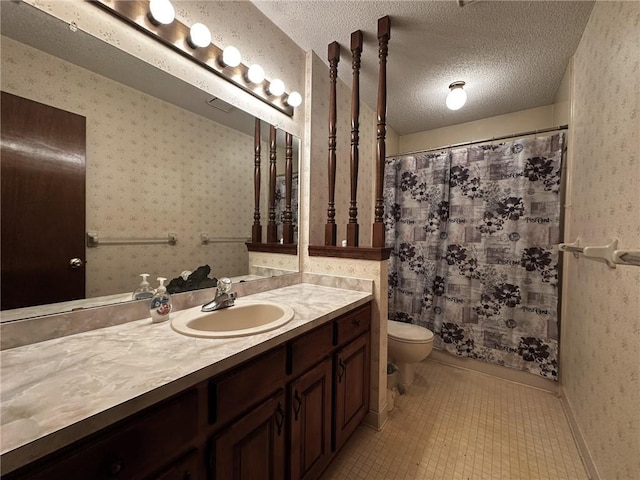 full bathroom with toilet, a shower with curtain, vanity, a textured ceiling, and tile patterned flooring