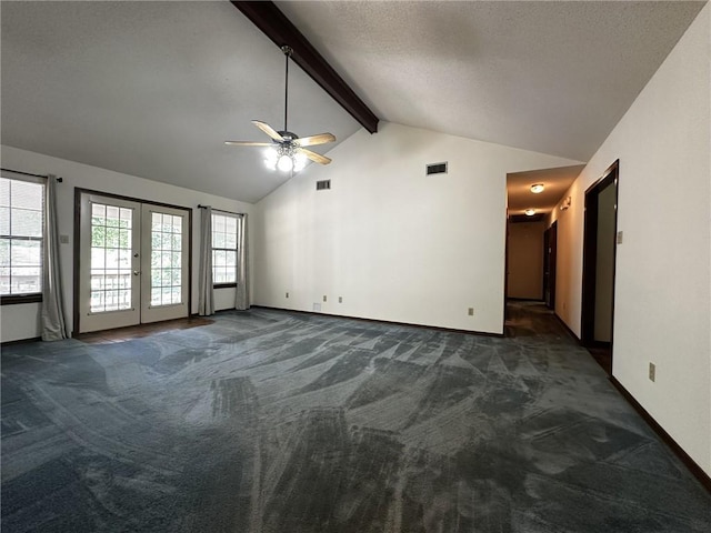 unfurnished living room with french doors, beam ceiling, carpet floors, a ceiling fan, and baseboards