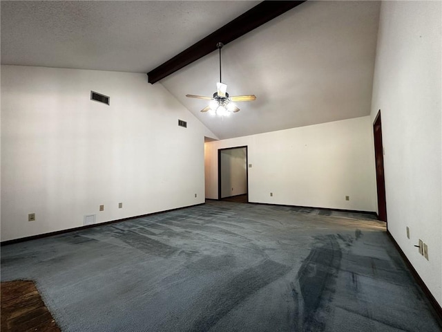 unfurnished room featuring beam ceiling, carpet, visible vents, ceiling fan, and baseboards