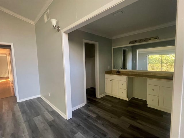 bathroom featuring vanity, crown molding, and wood-type flooring