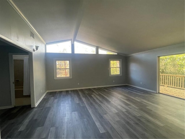 unfurnished living room with ornamental molding, dark wood-type flooring, and lofted ceiling with beams