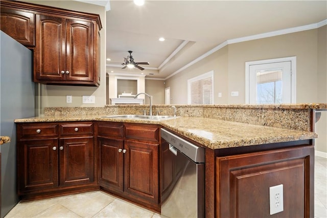 kitchen featuring ornamental molding, a sink, a peninsula, light stone countertops, and dishwasher