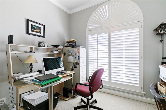 office space with plenty of natural light, ornamental molding, and carpet flooring