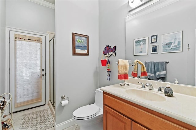 bathroom featuring toilet, tile patterned flooring, an enclosed shower, crown molding, and vanity