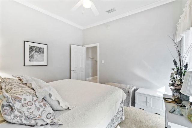 bedroom featuring ceiling fan and crown molding