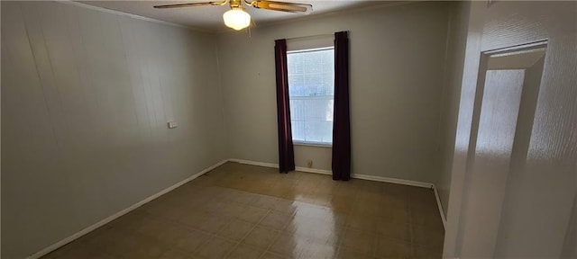 empty room featuring ornamental molding, ceiling fan, and plenty of natural light