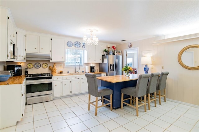 kitchen with an inviting chandelier, white cabinets, sink, butcher block counters, and stainless steel appliances