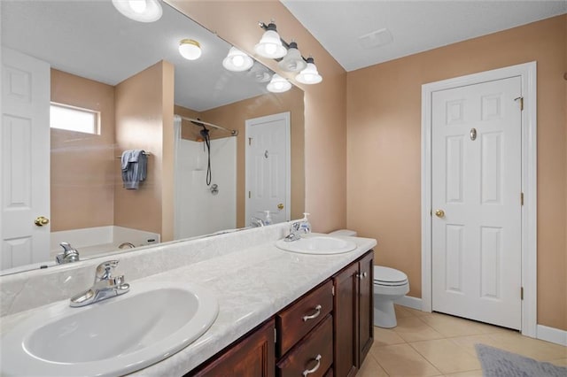 full bathroom featuring toilet, vanity, shower with separate bathtub, and tile patterned flooring