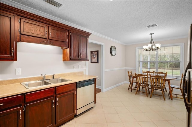 kitchen with sink, dishwasher, black refrigerator, ornamental molding, and decorative light fixtures