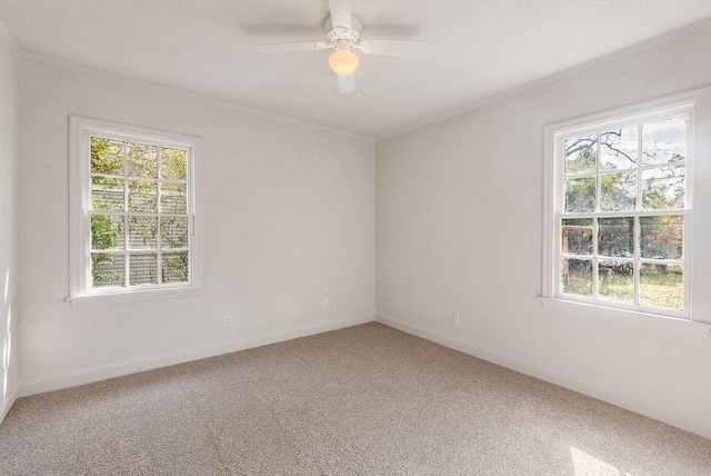 carpeted empty room featuring crown molding, a wealth of natural light, and ceiling fan