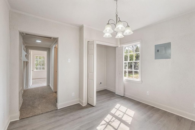 unfurnished dining area with crown molding, electric panel, a chandelier, and light hardwood / wood-style flooring