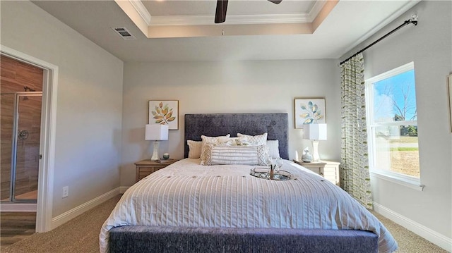 2295 Nadine Ln, Mobile, AL 36695 - carpeted bedroom featuring crown molding, a raised ceiling, and ceiling fan
