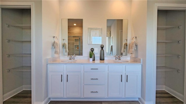 2295 Nadine Ln, Mobile, AL 36695 - bathroom featuring double vanity, wood finished floors, a spacious closet, and an enclosed shower