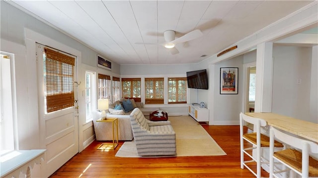 21 Crenshaw St, Mobile, AL 36606 - living room featuring ceiling fan, wood finished floors, and crown molding