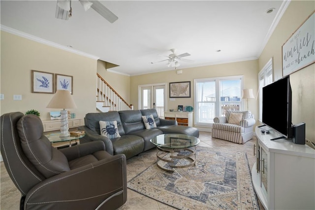 living area with light tile patterned floors, stairway, a ceiling fan, and crown molding