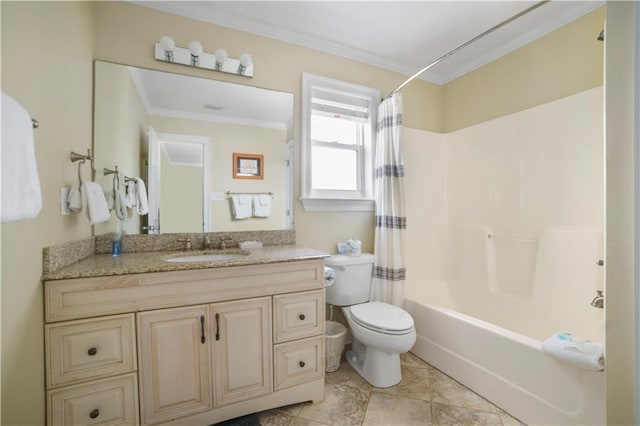 full bathroom with toilet, shower / bath combo, crown molding, and vanity