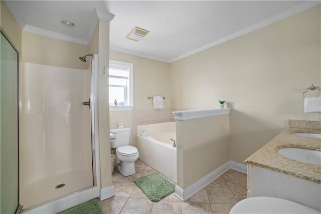 full bathroom featuring toilet, ornamental molding, a stall shower, a sink, and a bath