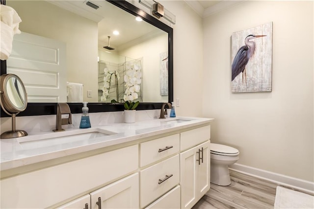 full bathroom featuring a sink, visible vents, double vanity, and a shower stall