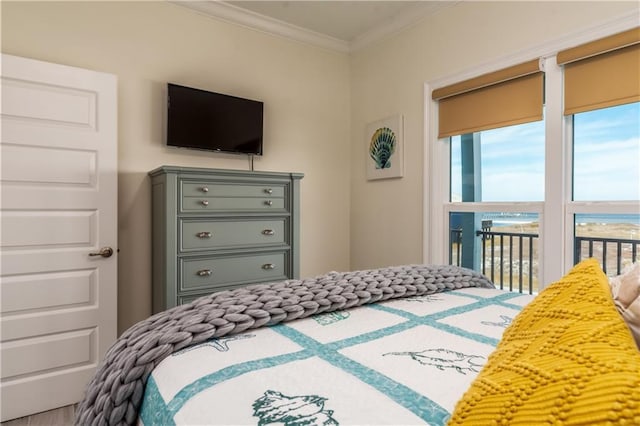 bedroom featuring access to exterior and ornamental molding