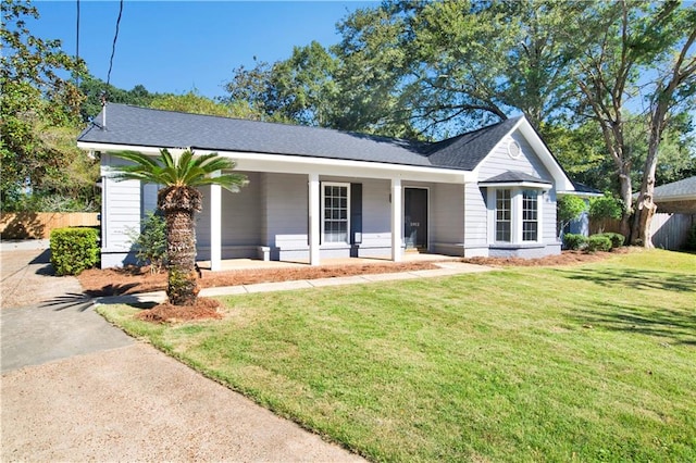 ranch-style home featuring a porch and a front lawn