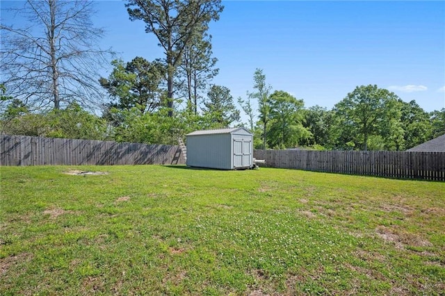 9412 Fox Hunter Ct, Semmes, AL 36575 - view of yard with an outdoor structure, a storage unit, and a fenced backyard