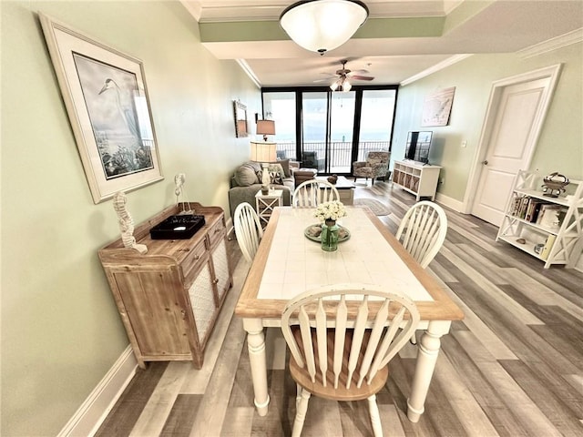 dining room featuring floor to ceiling windows, ornamental molding, light wood-style floors, ceiling fan, and baseboards