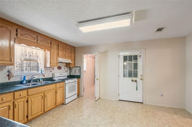 kitchen featuring gas range gas stove, sink, and a textured ceiling