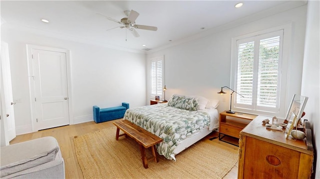 140E Mcgregor Ave S, Mobile, AL 36608 - bedroom featuring light wood-style flooring, ornamental molding, recessed lighting, a ceiling fan, and baseboards